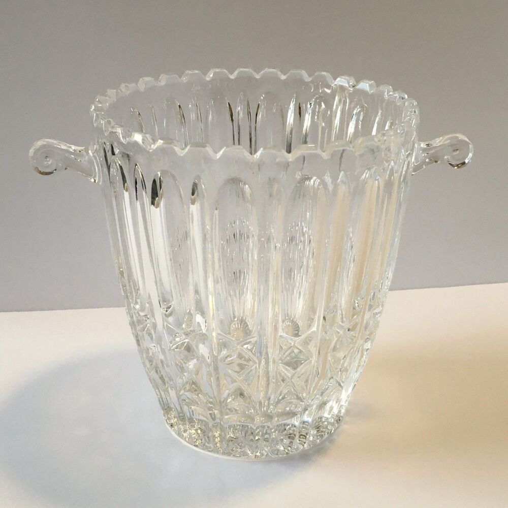 Vintage Crystal Ice Bucket Champagne Wine Coller Handles Saw Tooth Edge